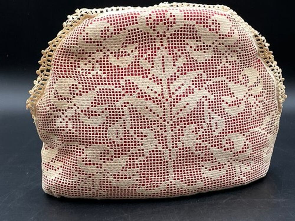 Vintage Handmade Filet Crochet Tea Cozy Red Quilted Lined Teapot Cover